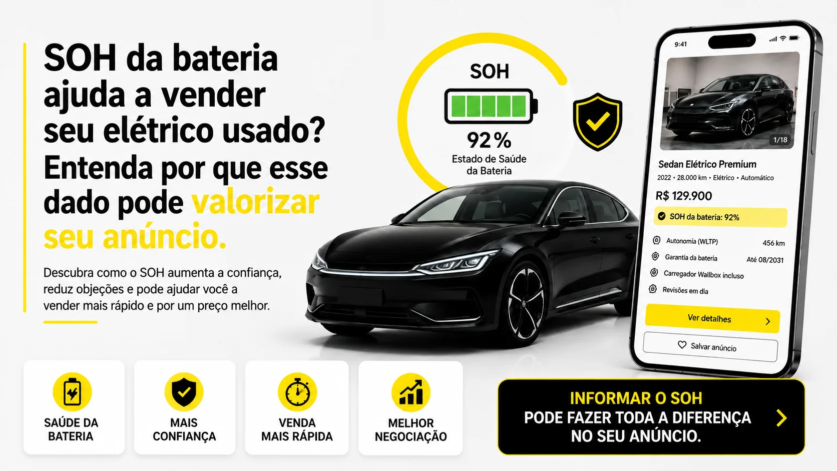 SOH da bateria ajuda a vender carro elétrico usado? Entenda por que esse dado pode valorizar seu anúncio