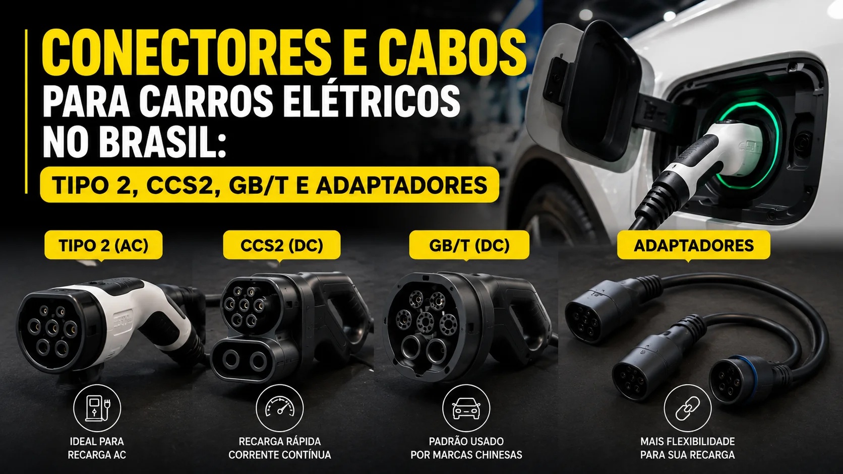 Conectores e cabos para carros elétricos no Brasil: Tipo 2, CCS2, GB/T e adaptadores